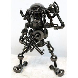 Metal Scrap Art Alien Robot Sculpture Nuts Bolts Chain Bearing Polished Black